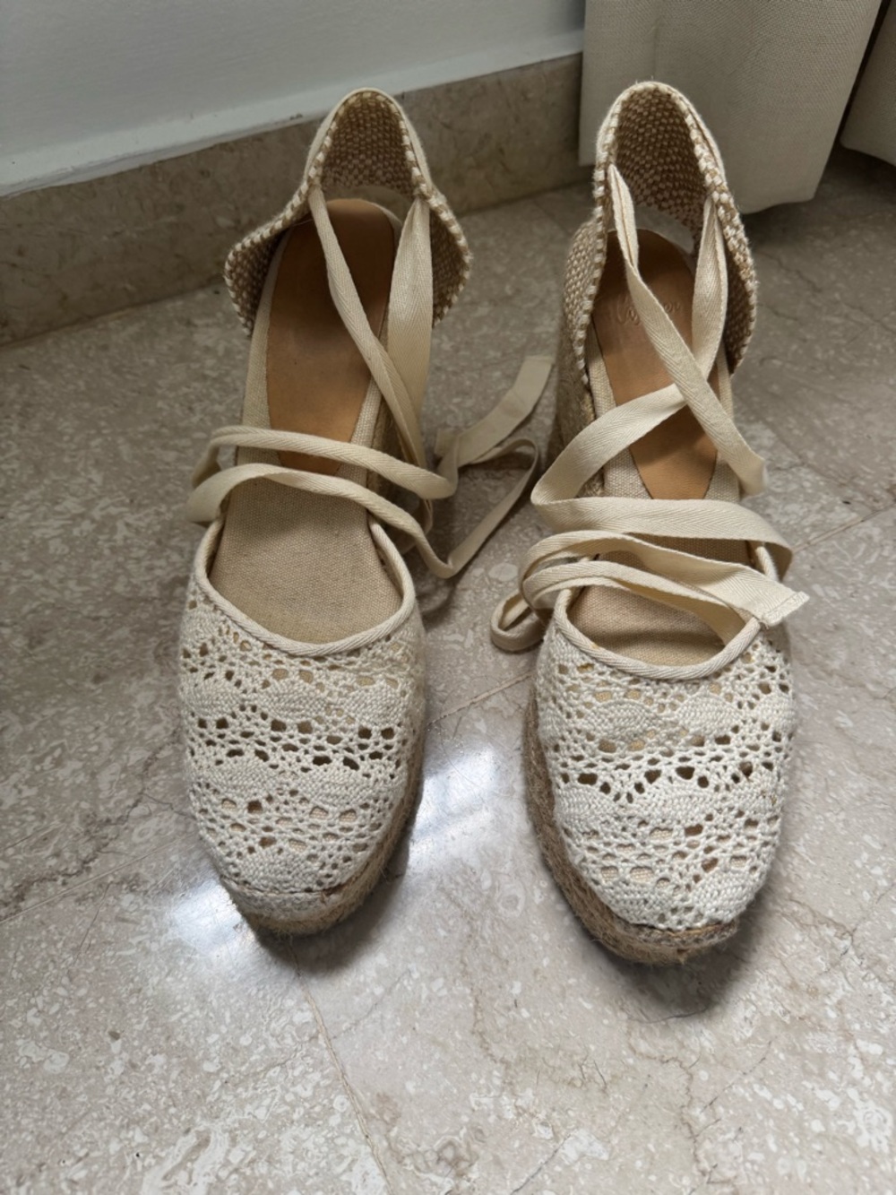 Castañer Lace-Up Crochet Espadrille Flats in Cream